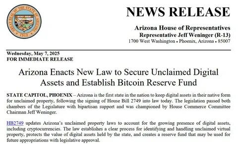  Arizona governor signs law for state to keep unclaimed crypto 