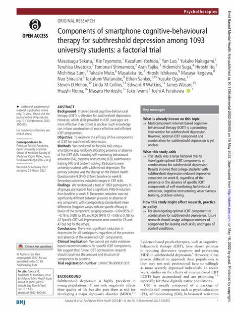 Cognitive behavioral therapy via a smartphone app for subthreshold depression
